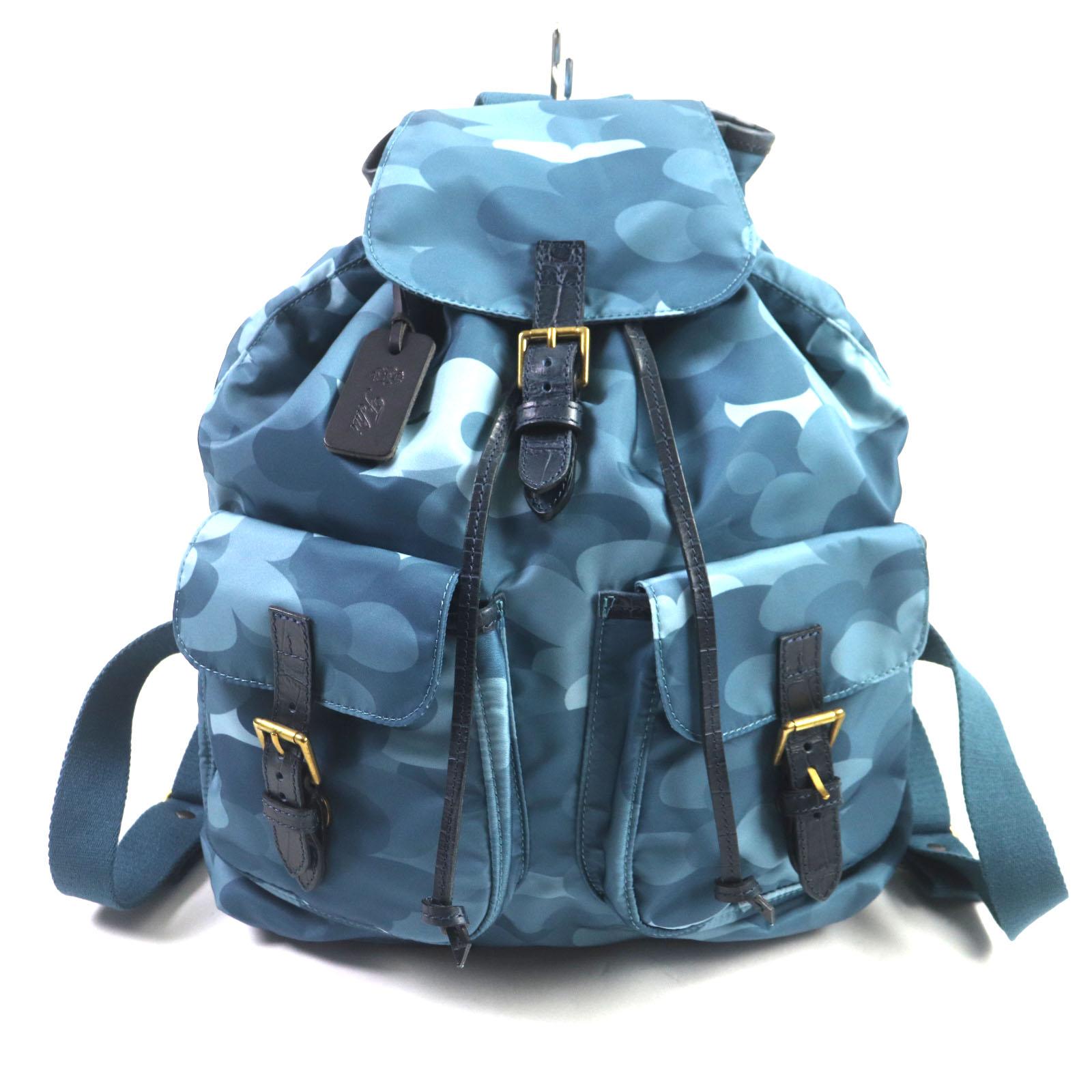 Pristine Felisi Backpack Â· Daypack All-over pattern, crocodile embossed leather drawstring bag Blue Nylon mens 15/56 Used