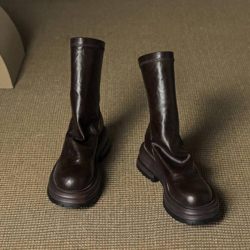 

Новые универсальные женские рыцарские сапоги однотонные кожаные с задней молнией резиновая платформа каблук круглый носок осенне-зимние сапоги средней длины 40