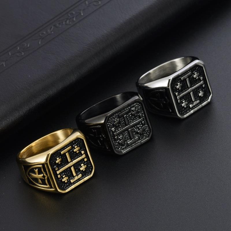 Crusader Jerusalem Cross Ring for Men Stainless Steel Rings Vintage Jewelry