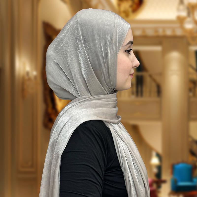 

Женский модный шелковый шарф, шали, повязка на голову, искрящийся мусульманский хиджаб, сплошной цвет, роскошный мятый