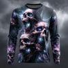Men's Cosmic Skull Long‑Sleeve T‑Shirt 3D All‑Over Print Glowing Galaxy Skull Nebula Graphic Crew Neck Gothic Halloween Casual