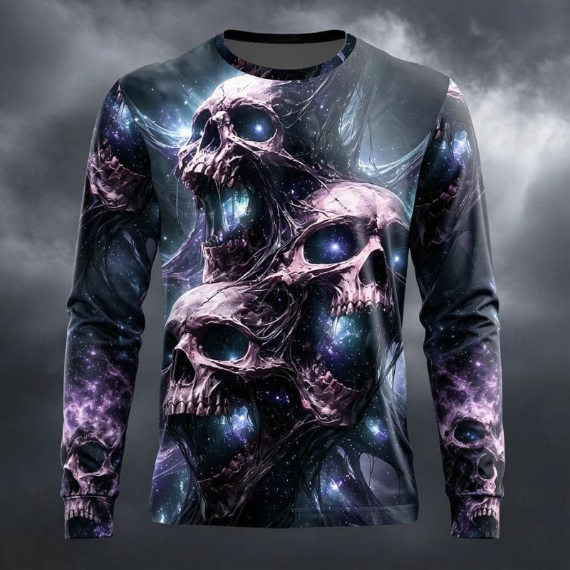 Men's Cosmic Skull Long‑Sleeve T‑Shirt 3D All‑Over Print Glowing Galaxy Skull Nebula Graphic Crew Neck Gothic Halloween Casual
