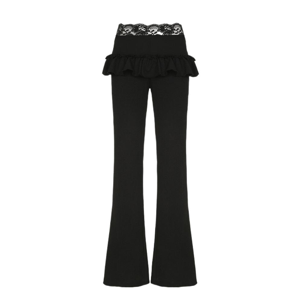 

Chic Lace Wide Leg Pants Sweet Low Waist Long Pants Elastic Casual Pants for Women Party M чёрный