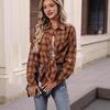 Women's POLO Collar Long Sleeve Plaid Shirt Loose Fit Vintage Casual Flannel Blouse