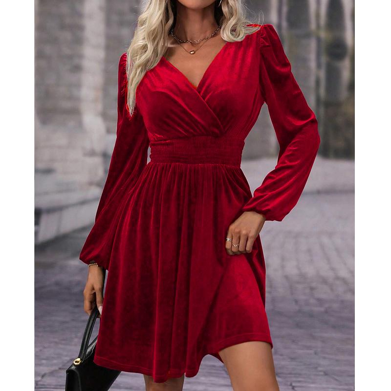 Women Dresses 2025 Autumn Winter Velvet Dress Long Sleeve V-Neck Black Women Dress J881