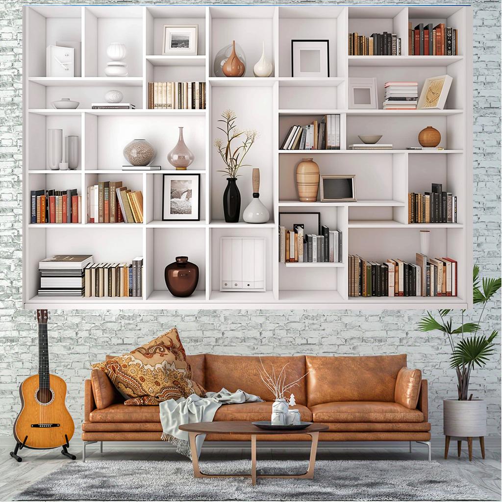 The multifunctional white bookshelf and office background are very suitable for video conferencing and home decoration