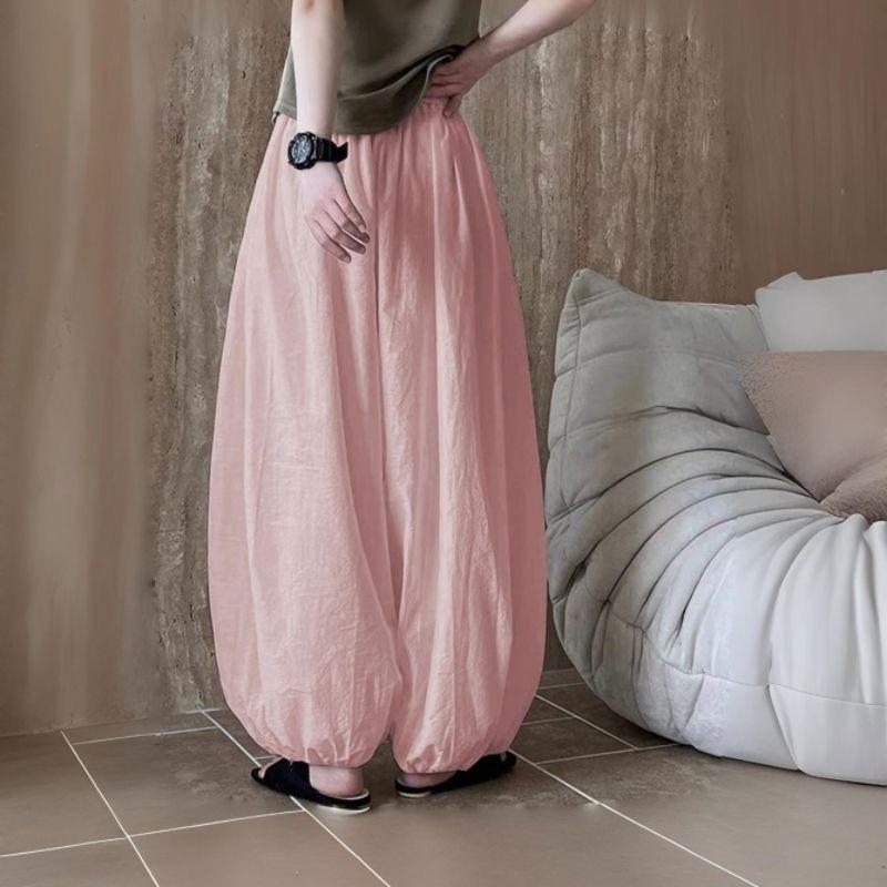 

Летние женские шаровары оверсайз Элегантные женские брюки-фонарики Повседневные свободные дышащие хлопковые брюки с широкими штанинами M розовый