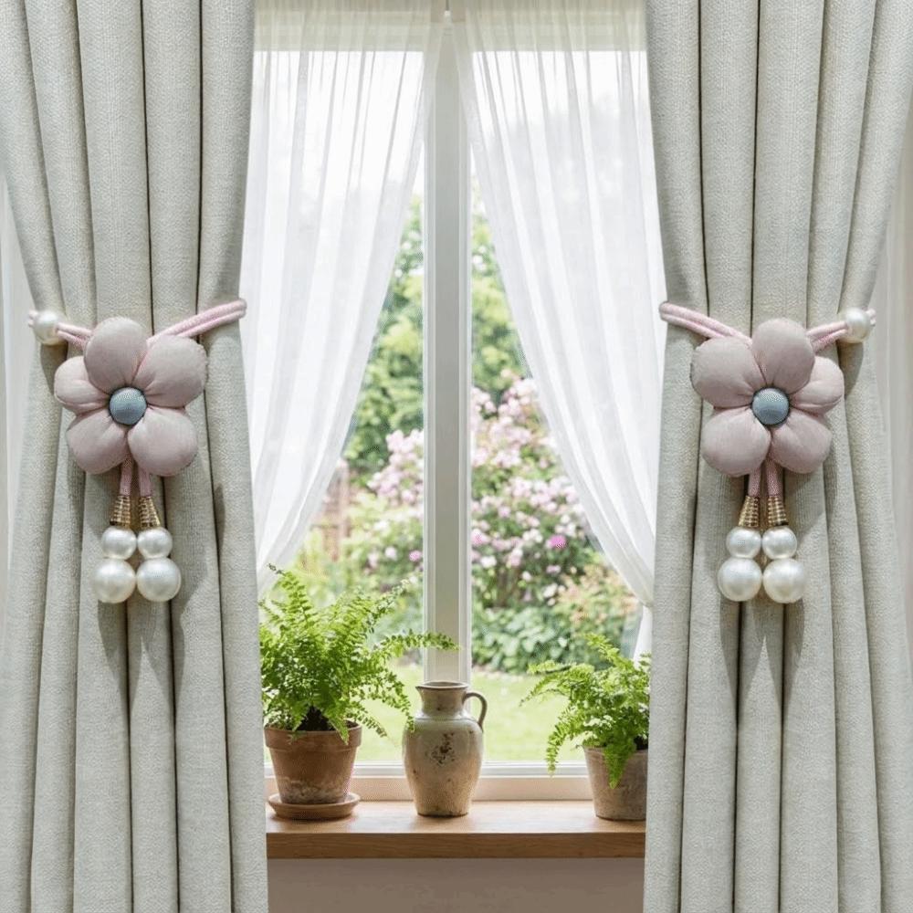 Adjustable Pearl Curtain Holdbacks Fabric Flowers Curtain Buckle Curtains Tie Rope  Living Room