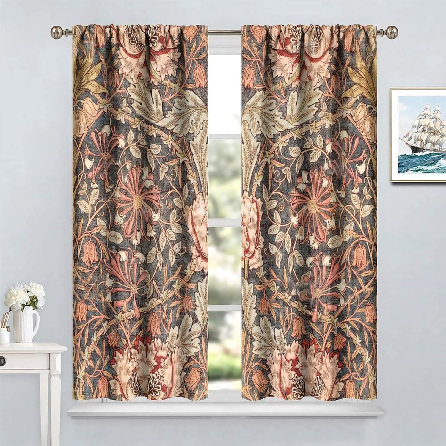 Vintage Ycness William Morris Floral Curtains Watercolor Flower Art Style Room Windows Treatments Bedroom Living Drapes Curtain Polyester Perfect For