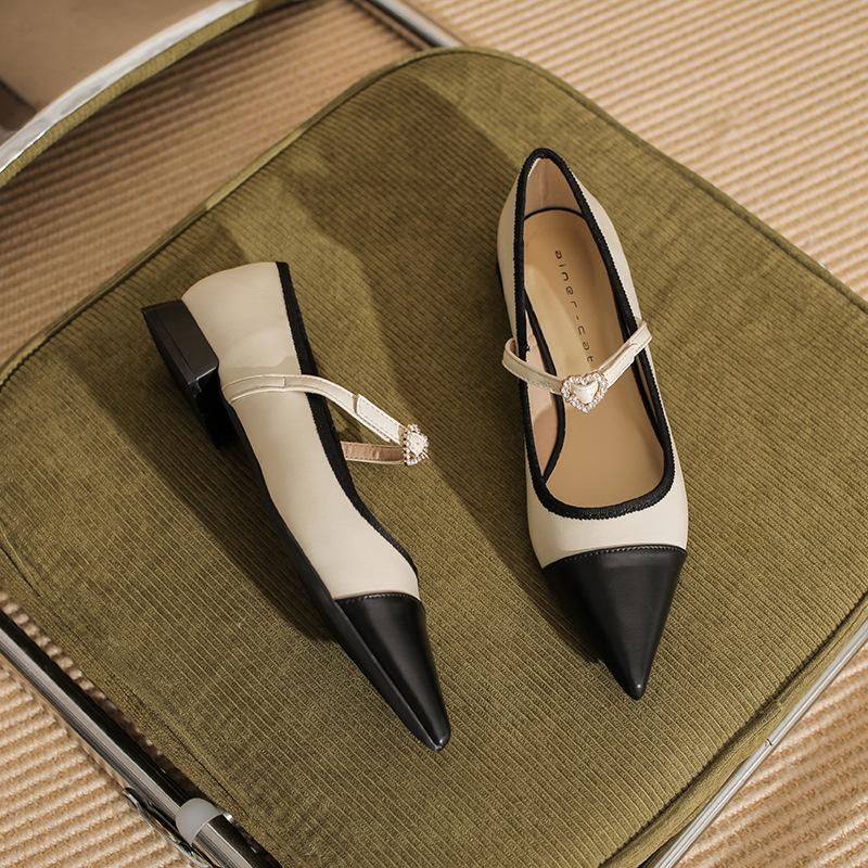 

29806 [sheepskin] flat shoes women s thick heel autumn 2025 new pointed small fragrant Mary Jane single shoes 39