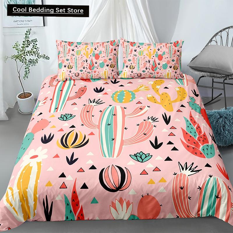 Cactus King Queen Duvet Cover Succulents Bedding Set for Kids Teens Adults Green Botanical Flowers 2/3pcs Polyester Quilt Cover