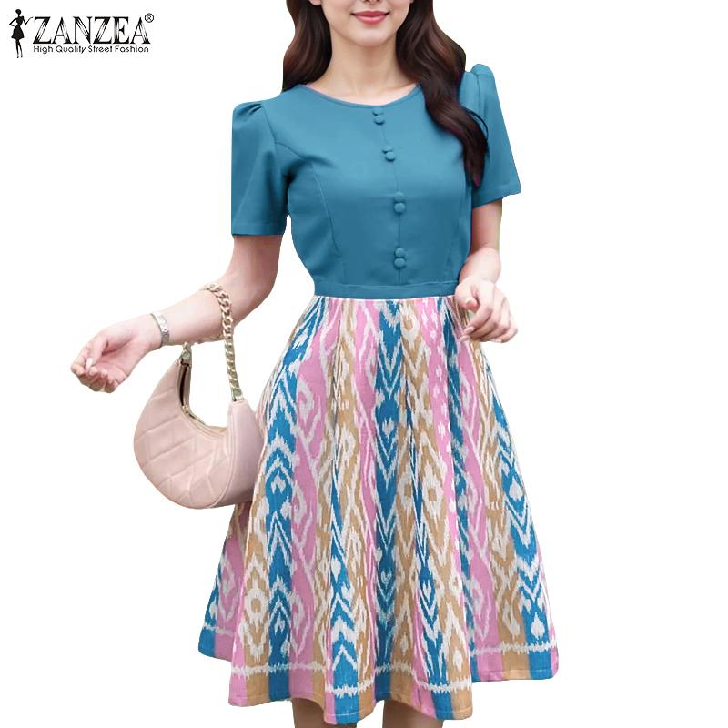 ZANZEA Women Casual Round Neck Short Sleeve Print Patchwork Dress