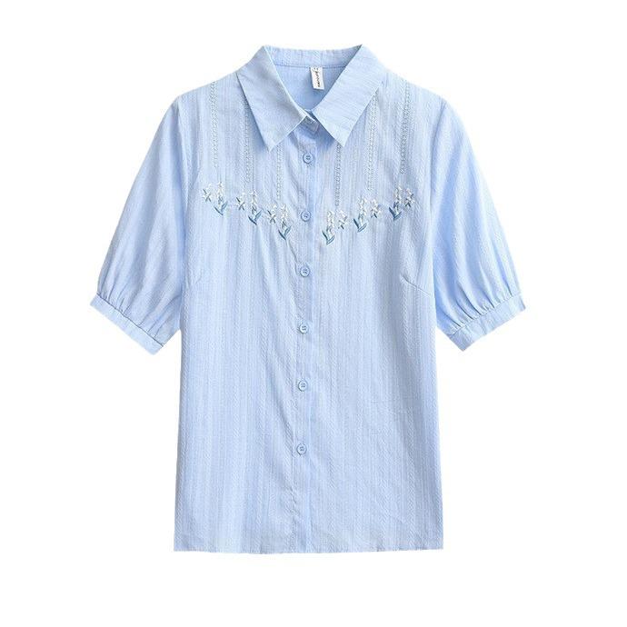 Cămașă de damă la modă din bumbac pur brodată cu mânecă scurtă - Vara 2024