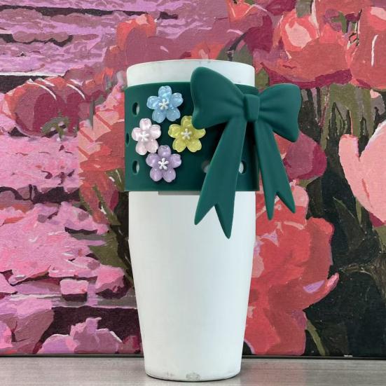 Cup Boot Sleeve Silicone Tumbler Protector with Bow Charms Scratch-Resistant Cup Cover