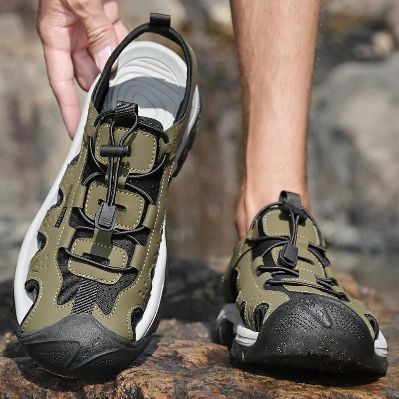 Fashion Leather Men's Summer Shoes Comfy Breathable Mens Sandals Non-Slip Male Anti-collision Toe Beach Flats Outdoor Shoes Hollow Out