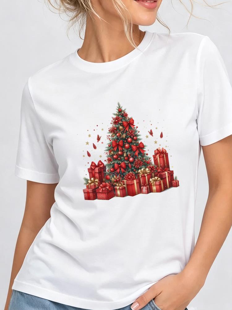 (Asian Size) Lovely Tree Style Christmas New Year Clothing T Shirt Women Fashion Festival Tee Top Print Female Woman Short Sleeve Graphic T-shirts