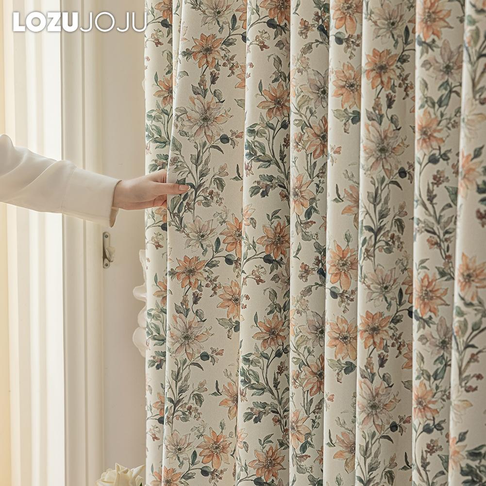 1PC LOZUJOJU Romantic French Countryside Floral Curtains with Lace Blackout Curtains for Bedroom Living Room Home Decor