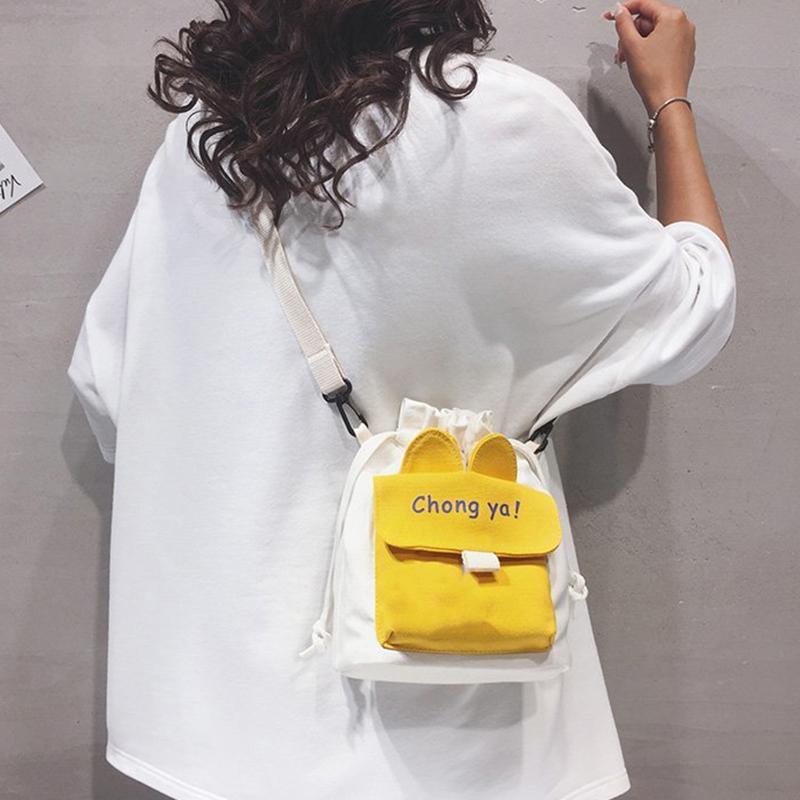 Cute Canvas Bag New Solid Color, Small Ear Crossbody Bag Women's Ins Style Large Capacity Crossbody Bag