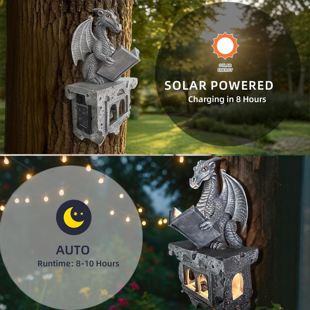 Čtení Kniha Drak Solární Světlo Venkovní Nástěnné Dekorativní Dračí Lampa Pryskyřičná Dračí Lampa Dekorace Pro Verandu Terasu Dvorek Zahrada