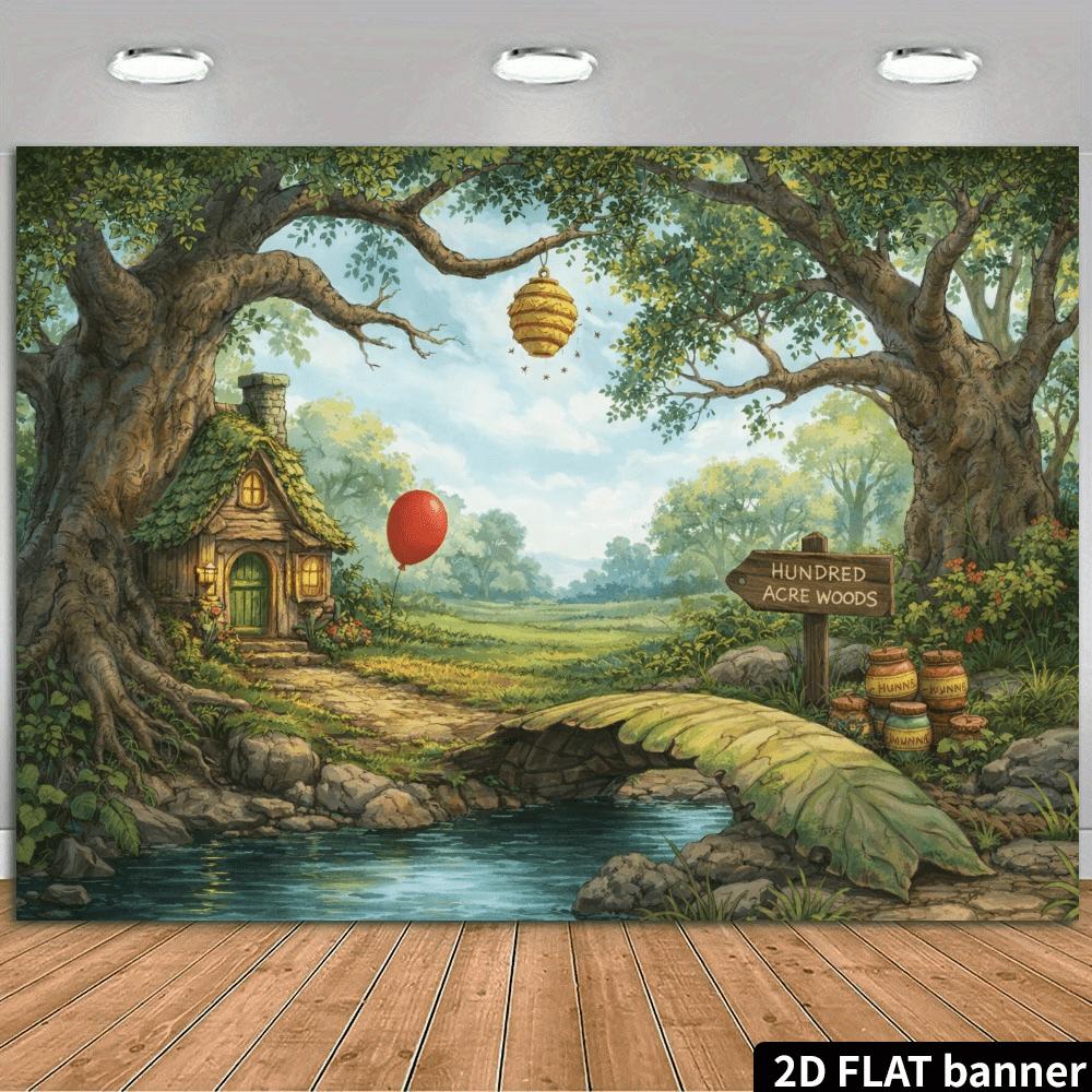 2D plane 100-acre forest treehouse honey jar themed background fabric, fairy tale scene, interior and exterior decoration 130x150cm