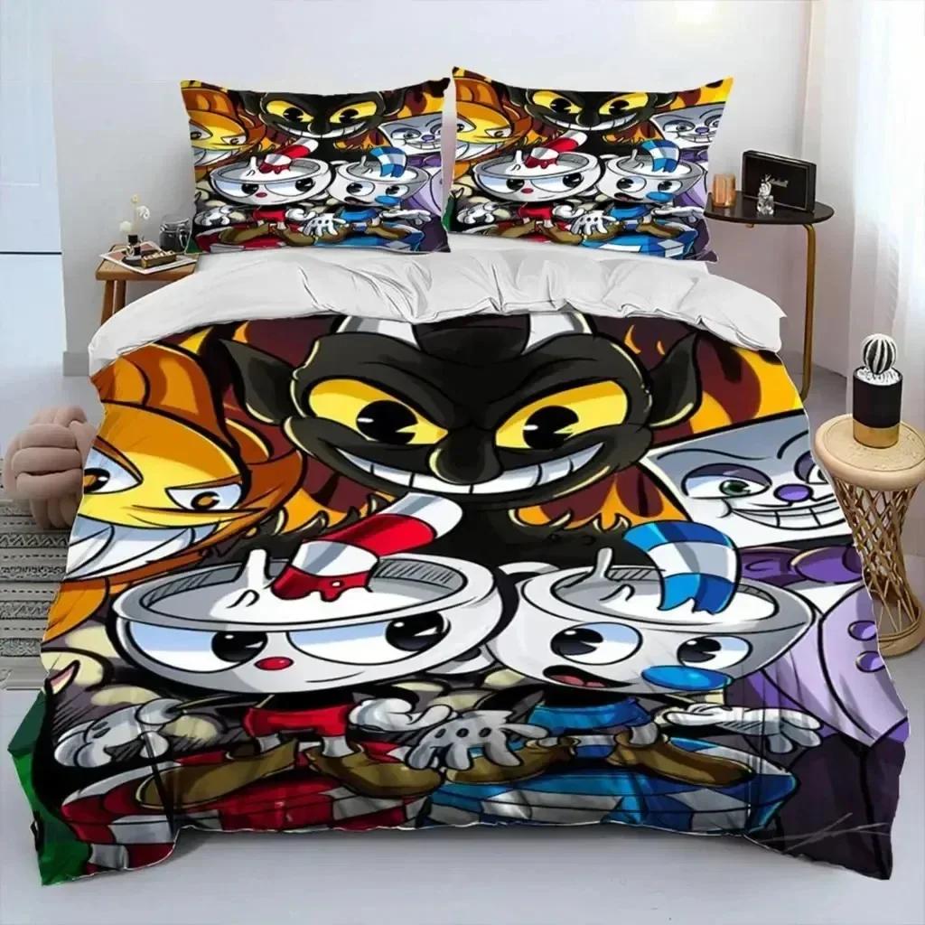 Cartoon Cuphead And Mugman Bedding Set Duvet Cover Sheet Printed Bed Set Pillowcase Bed Full Queen King Size Comforter Bedroom