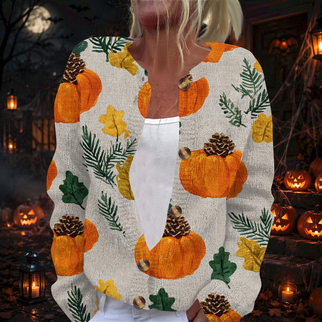 Cardigan da Donna con Stampa di Halloween - Cappotto in Maglia a Manica Lunga con Bottoni Frontali, Maglieria Leggera per Feste in Costume, Uso Quotidiano