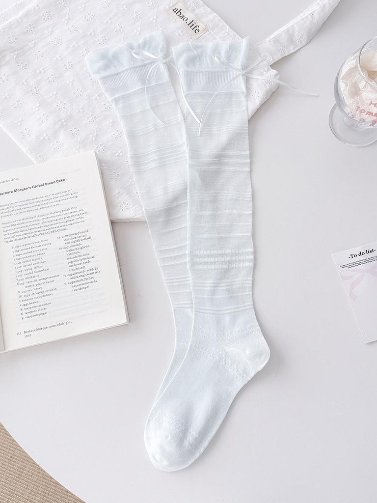 Spring And Summer Ultra-Thin Rear Streamer Bow Calf Socks Women'S Clear And Cool Boneless Stacking Socks Japanese White Medium Tube Socks