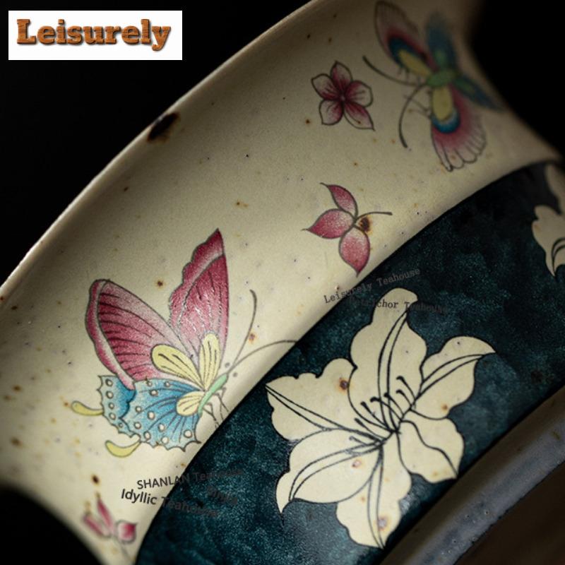 125ML Hand Painted Butterfly Lily Caramel Glaze Gaiwan Luxury Tea Tureen Tea Bowl With Lid Kit Tea Maker Cover Bowl Teaset Craft