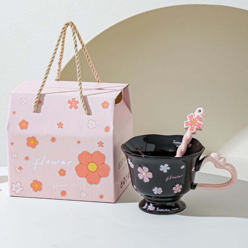 High Looking Cherry Blossom Goblet Souvenir Ceramic Girl Office Drinking Water Cup Breakfast Cup Elegant Cup