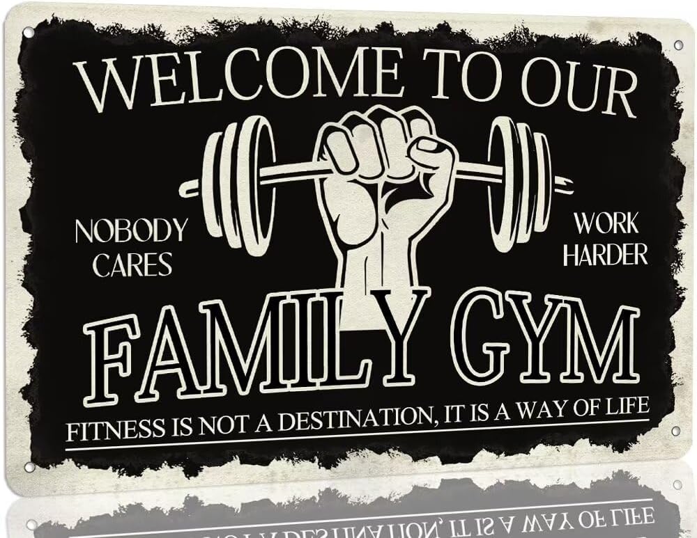 

KanaAt Home Gym Metal Tin Sign Welcome To Our Family Gym Signs Funny Fitness Sign Vintage Gym Sign for Gym Room Home Bar Garag 20x30cm（7.8x11.8inch）