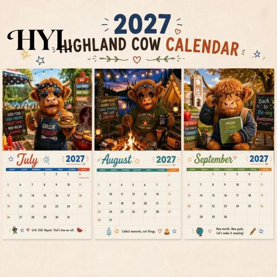 Feestelijk Cadeau 2027 Grappige Schotse Hooglandkoe Wandkalender, Schattig Boerderijdier 12 Maanden Keukenplanner Schots Hangend voor Rustieke Woondecoratie Kalender