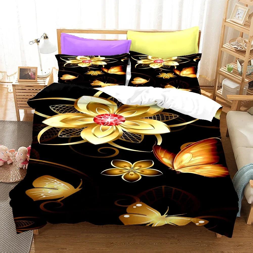 Golden Butterfly Påslakanset KingQueen Storlek, Vackert Blått Fjäril Sängkläder Set Kvinnor Insekt Polyester Täcke Överdrag