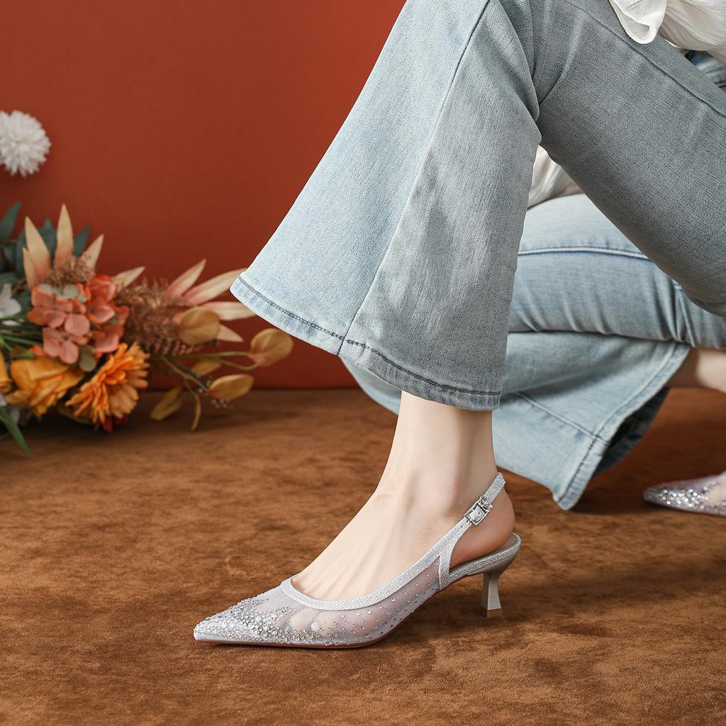 Thin Heel Pointed Mesh Full Diamond Wedding Shoes Women's High Sense Is Not Tired, Beautiful Temperament Empty High Heel Sandals Women's Summer