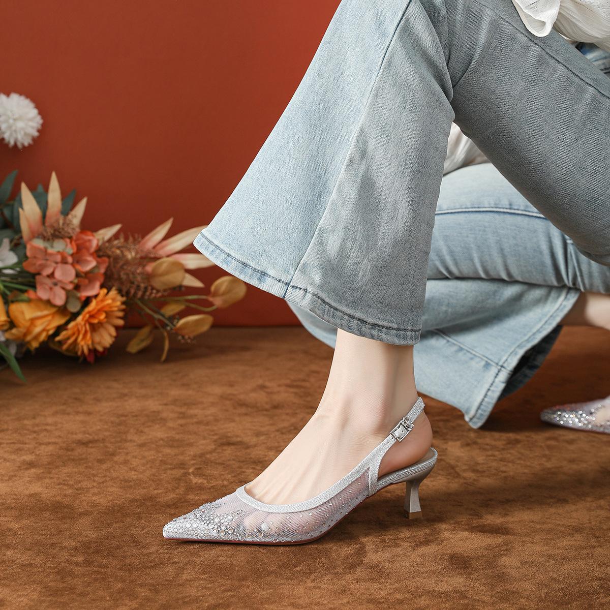 

Thin heel pointed mesh full diamond wedding shoes women s high sense is not tired, beautiful temperament empty high heel sandals women s summer 34