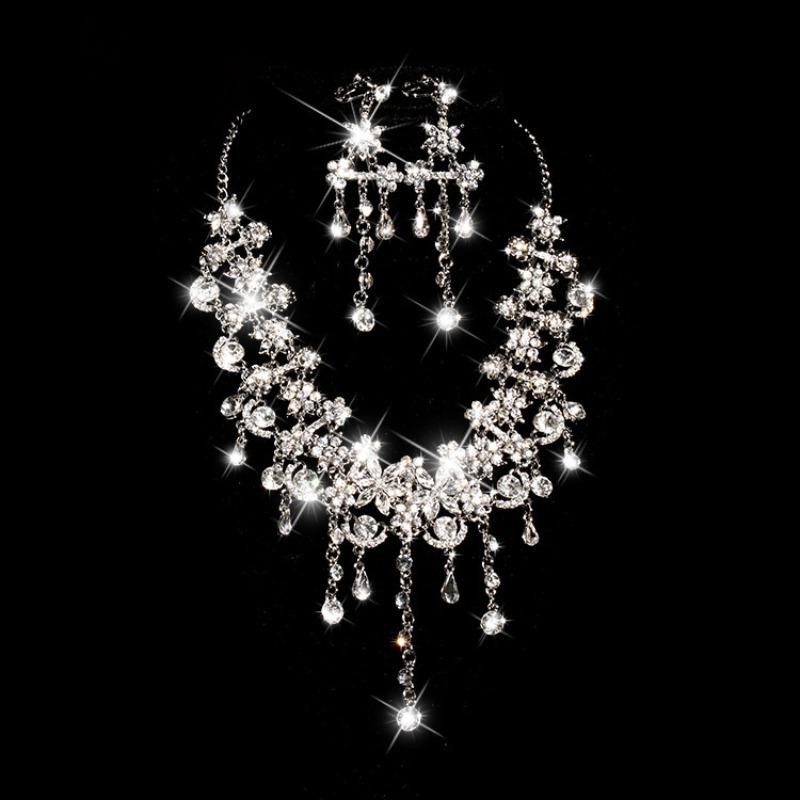 [Small batch customization] Cross-border exquisite bridal jewelry two-piece party dress wedding collarbone necklace earrings