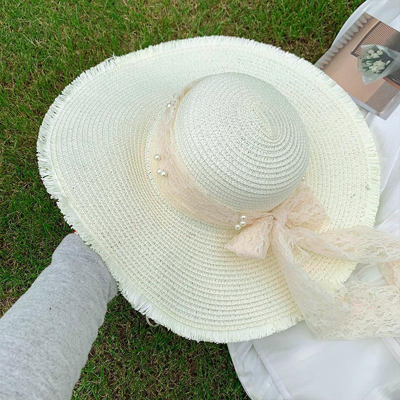 Women's Summer French Style Large Brim Sun Protection Straw Hat with Lace Bow Beach Sun Hat