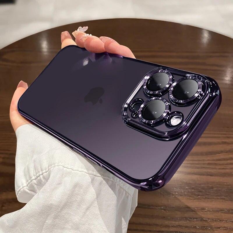 Official Original Lens Film Protect Phone Case For IPhone 11 12 13 14 15 Pro Max Plus Mini XS XR X Square Plating Clear Cover