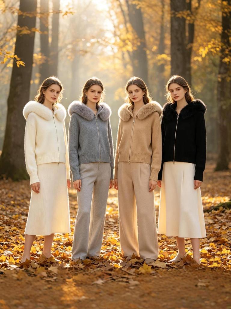 Women's Hooded Knit Cardigan with Fur Collar, Slim Fit, Short Loose Sweater for Autumn/Winter