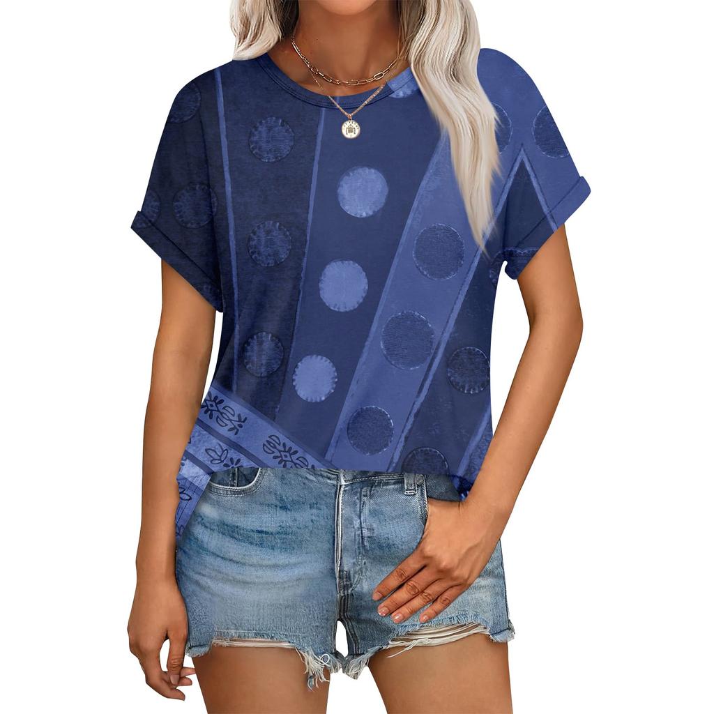 Damen Casual Mode Rundhals Umgeschlagener Saum Kurzarm Blumenoberteil