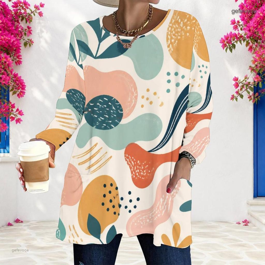 Women Plus Size Round Neck Long Sleeve Printed T Shirt Loose Fit Pockets Longline Top