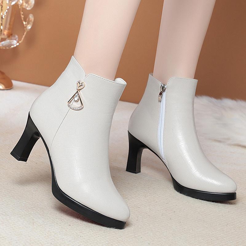 Fashion Winter Warm Brand Design Stiletto Boots Side Zipper High Heel Concise Style Metal Decoration Crystal Office Ladies Boots
