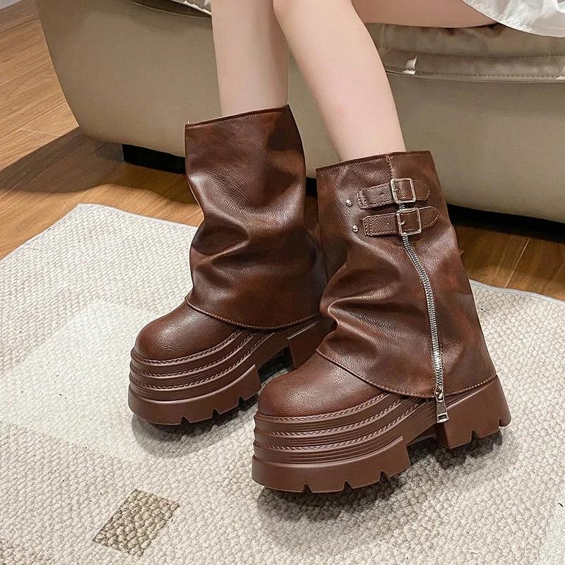 Fashion 10CM Women High Platform Ankle Boots Autumn Winter Gothic Style Shoes Buckle Punk Motorcycle Boots Round Toe Chunky Sneakers