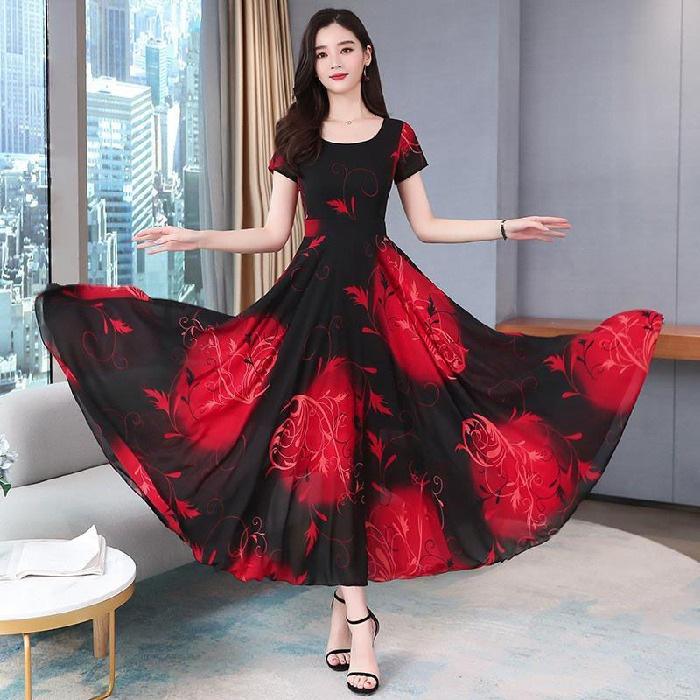 

Ice silk large size dress femininity mother dress slim waist printing splicing light ripe wind pendulum skirt M красный