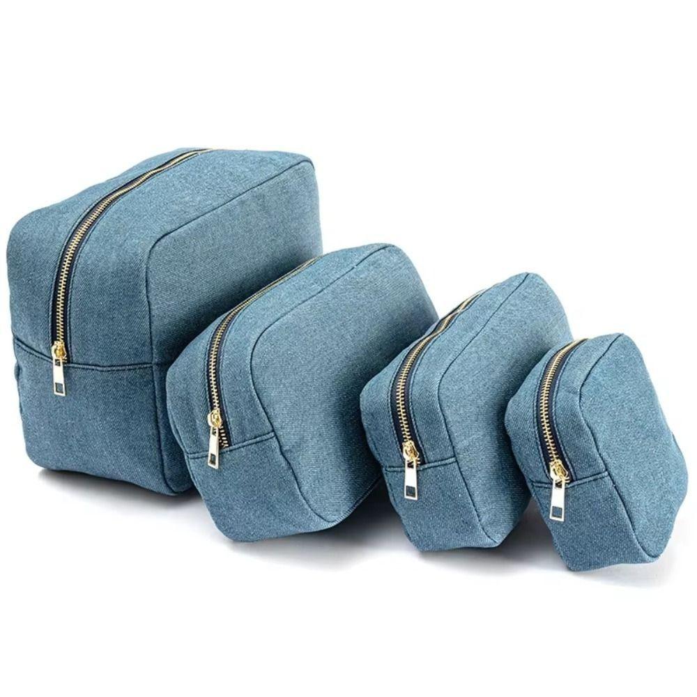 Vintage Travel Storage Bag with Zipper Ladies Makeup Bag Beauty Box Blue Denim Cosmetic Pouch Gift