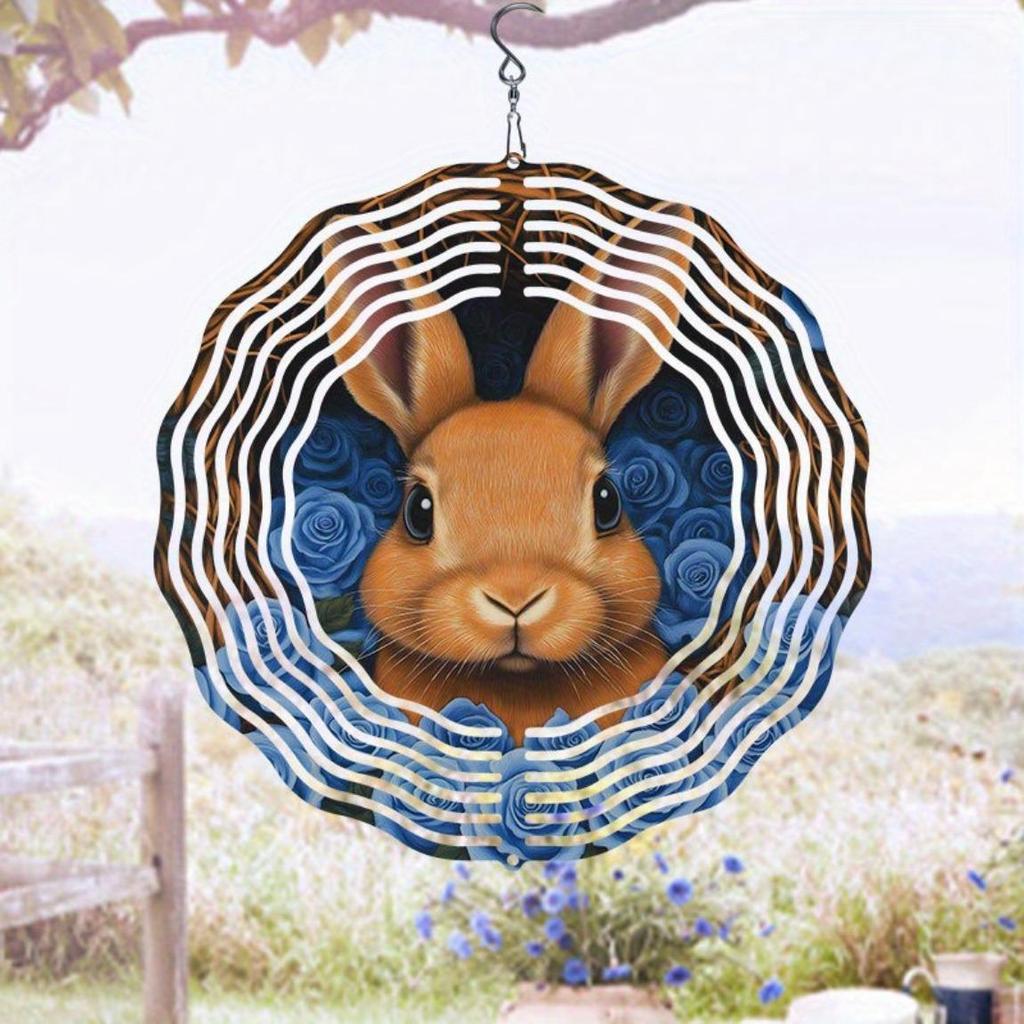 Metal Wind Chime with Blue Rose and Rabbit Design Rotating Hook Durable Garden Art Decor Outdoor Ornament Reflective Spiral Design Easy to Install