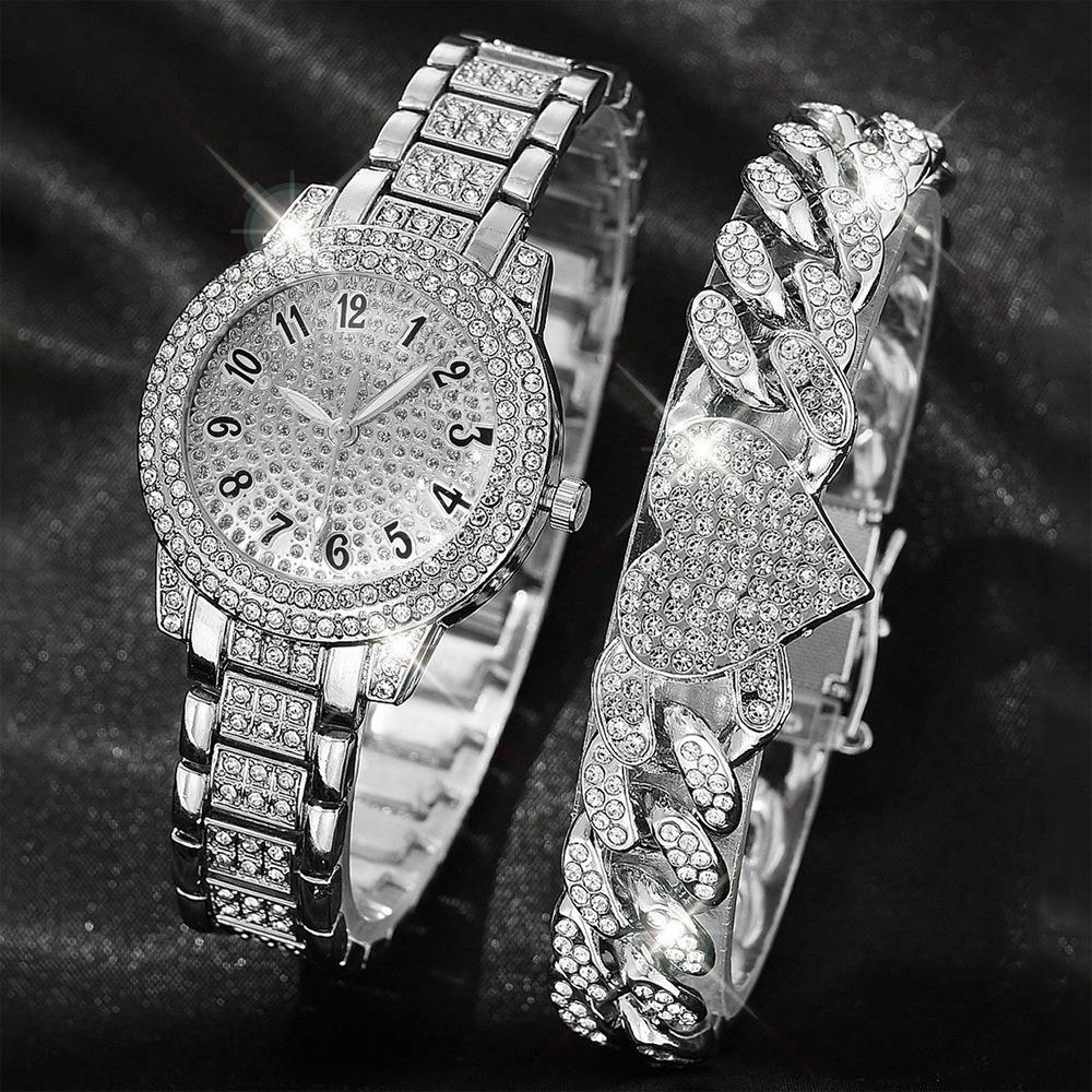 Ladies Watch Set, Steel Belt Full of Diamonds, High-end Quartz Watch Temperament, Business Leisure Watch Wholesale