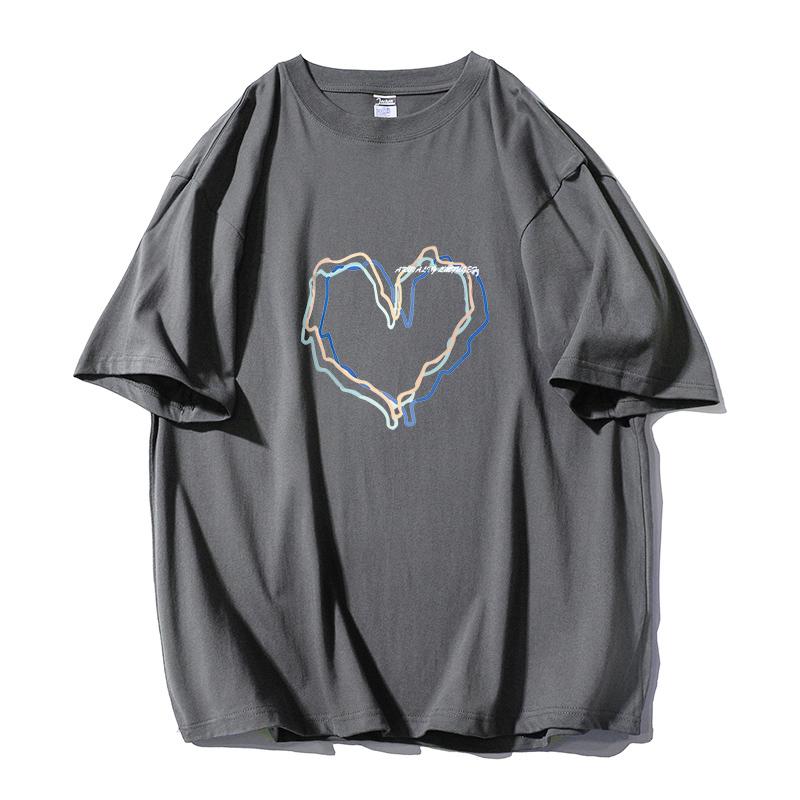 Shellsuning Loose O Neck Cotton Printed Shirts Women Summer Kawaii Heart Graphic Tees Female Casual Short Sleeve Base Black Tops