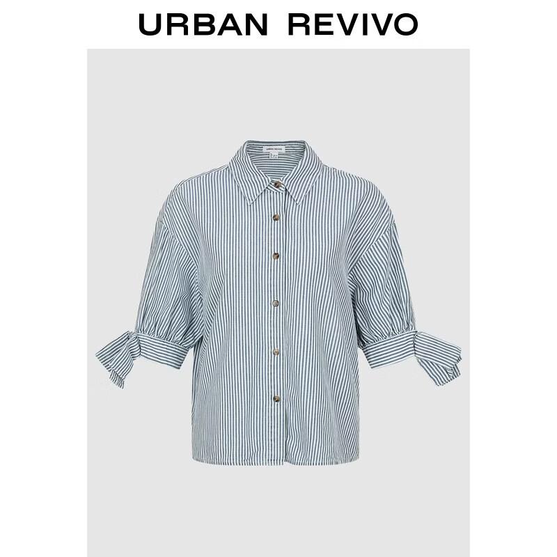 UR2026 Women s Striped Tie-Waist Puff Sleeve Denim Shirt S