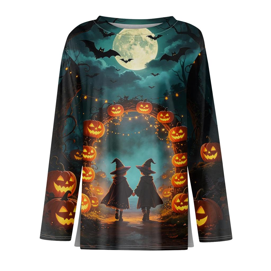 Women's Long Sleeve Casual Pullover Top Halloween Pumpkin Print Crew Neck Split Hem Blouse Lightweight Comfortable Fit