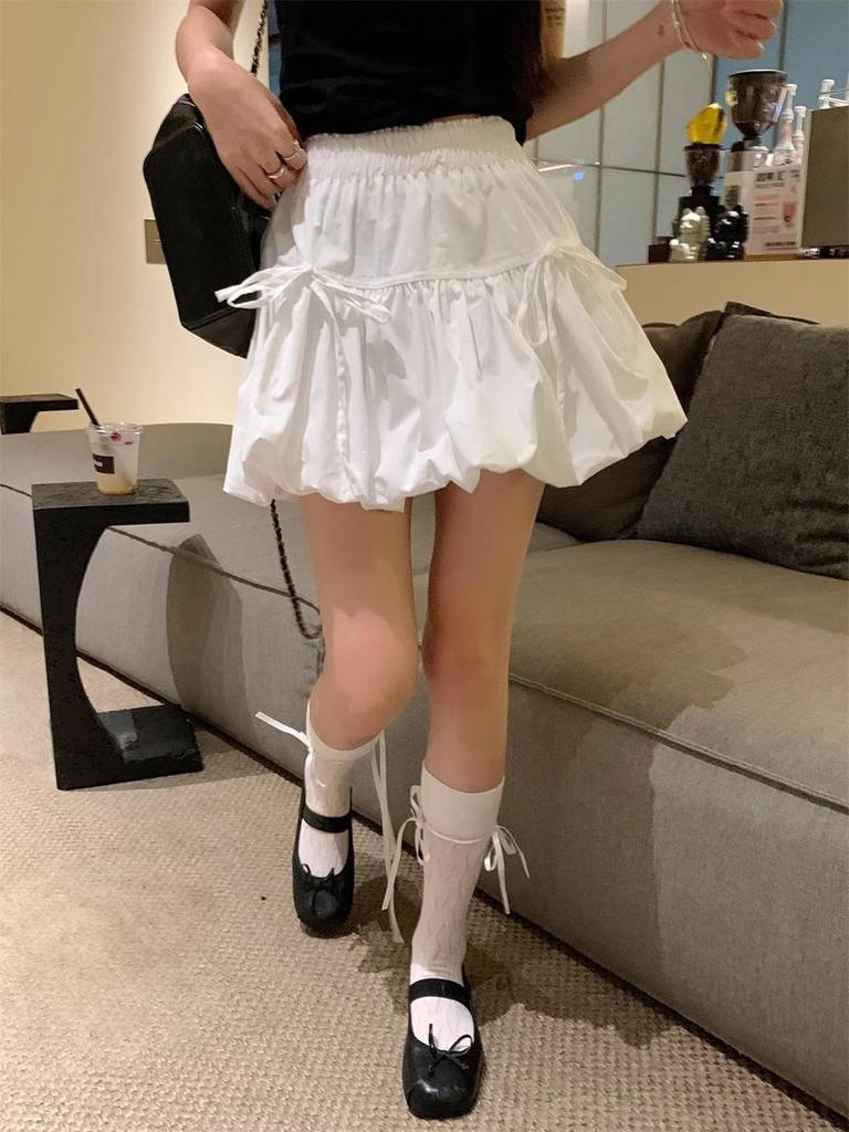 Women's Summer Sweet Style White A-Line Bow Tie Midi Skirt